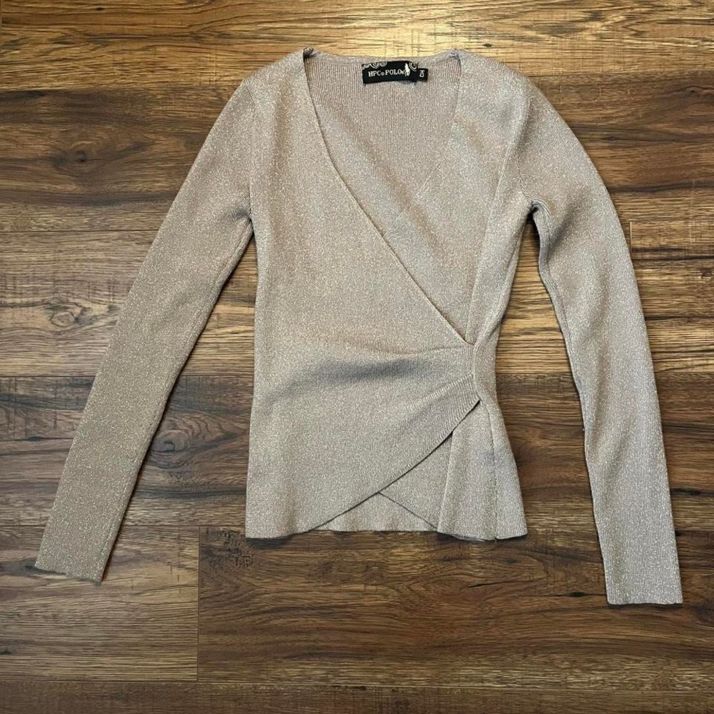 Silver Metallic Wrap Knit Top Y2K Shimmer Long Sleeve Top‎ Women S Minimalist